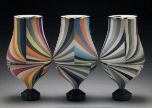 Peter Pincus (American, b. 1982), Trio of Vessels IV, 2016; colored porcelain with luster; 18 x 30 x 10 in. Collection Daum Museum of Contemporary Art, museum purchase.