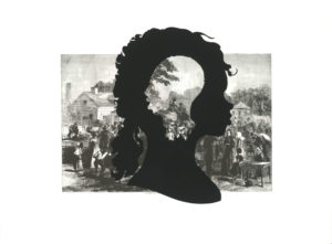 Kara Walker, "Exodus of Confederates from Atlanta," from the series "Harper's Pictorial History of the Civil War" (Annotated), 2005; offset lithography and silkscreen. Collection Daum Museum of Contemporary Art, partial gift of Dr. Harold F. Daum.