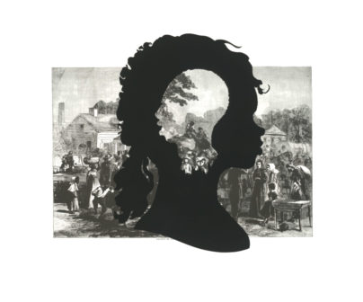 Kara Walker, "Exodus of Confederates from Atlanta," from the series "Harper's Pictorial History of the Civil War" (Annotated), 2005; offset lithography and silkscreen. Collection Daum Museum of Contemporary Art, partial gift of Dr. Harold F. Daum.