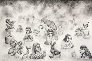 Erica Daborn, "The Rescue," 2020; charcoal over acrylic ground on canvas; 70 x 102 in. Image courtesy of the artist.