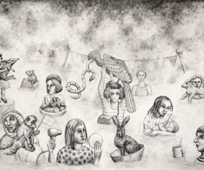 Erica Daborn, "The Rescue," 2020; charcoal over acrylic ground on canvas; 70 x 102 in. Image courtesy of the artist.