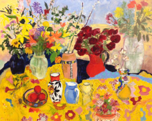 Philomene Dosek Bennett, "Check, Czech, Red Roses, Red Pitcher", 2004: oil paint on canvas, 72 x 60 in. Gift of Dr. Harold F. Daum.