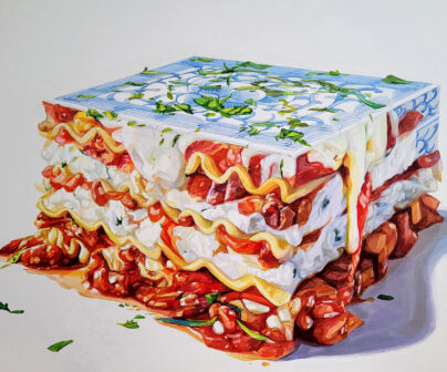 Chunbo Zhang, "Food Treasure Series - Lasagna," 2023; acrylic on canvas. Courtesy of the artist.