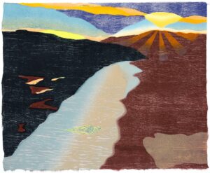 Cathie Crawford, "Apricity", 2024; color reduction woodblock print on paper; courtesy of artist.