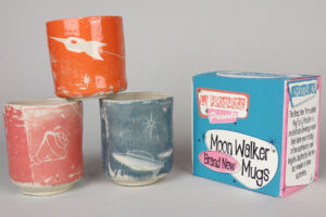 Lorin Jennings, "Moon Walker Mugs", 2024; screenprint transfer on ceramic; courtesy of artist.