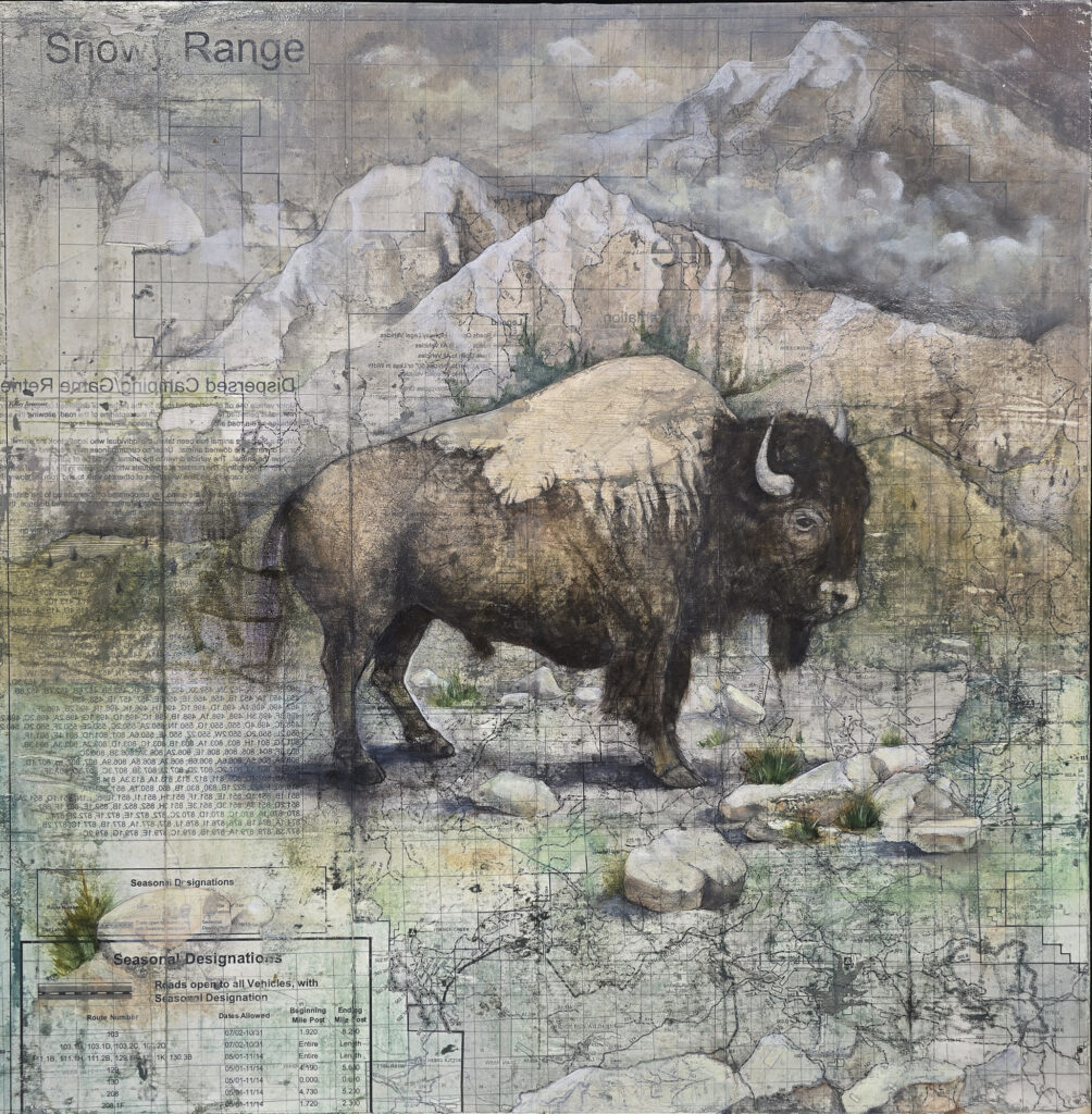 Darryl Furtkamp, "Augery", 2024; Oil and map on panel; Courtesy of the artist.