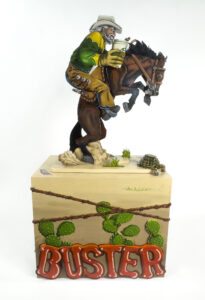 Bob Culver, A.K.A. Nebraska Kid, "Bronco Buster", 2025; 3-D painted sculpture, made of MDF, thermal plastic and poplar wood, oil on acrylic; Courtesy of the artist.