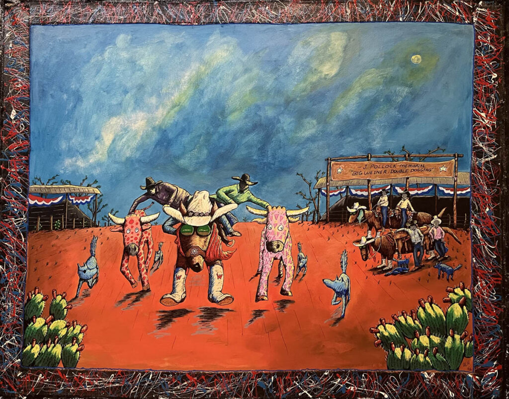 Anthony Huff, "J. Pollock Memorial Big Weiner Double Dogging", from the "Western Weiner Series", 2026; Acrylic latex, acrylic paint pens on canvas; Courtesy of the artist.