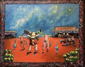Anthony Huff, "J. Pollock Memorial Big Weiner Double Dogging", from the "Western Weiner Series", 2026; Acrylic latex, acrylic paint pens on canvas; Courtesy of the artist.