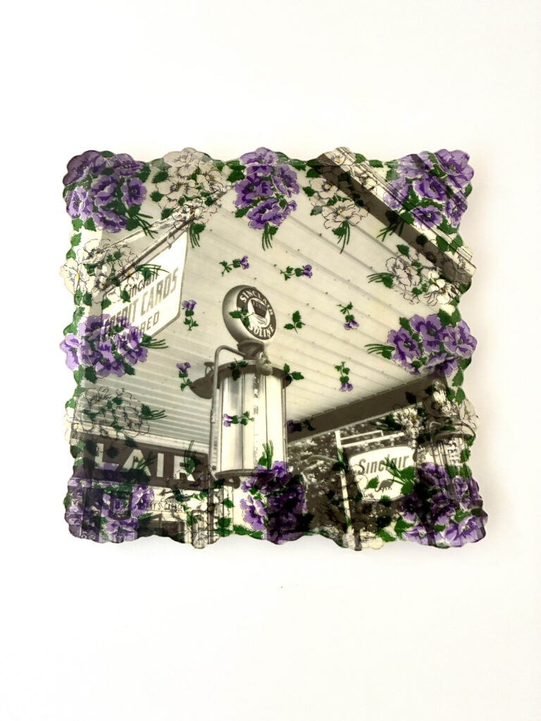 Heidi Herrman, "Sinclair", 2026; Mixed media: vintage handkerchief, photograph printed on mulberry paper, encaustic; Courtesy of the artist.