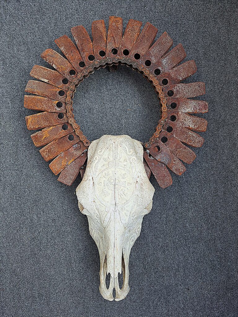 Joshua Heimsoth, "Scrimshaw Skull with Halo", 2024; Cow skull and discarded hay cutter parts, Courtesy of the artist.